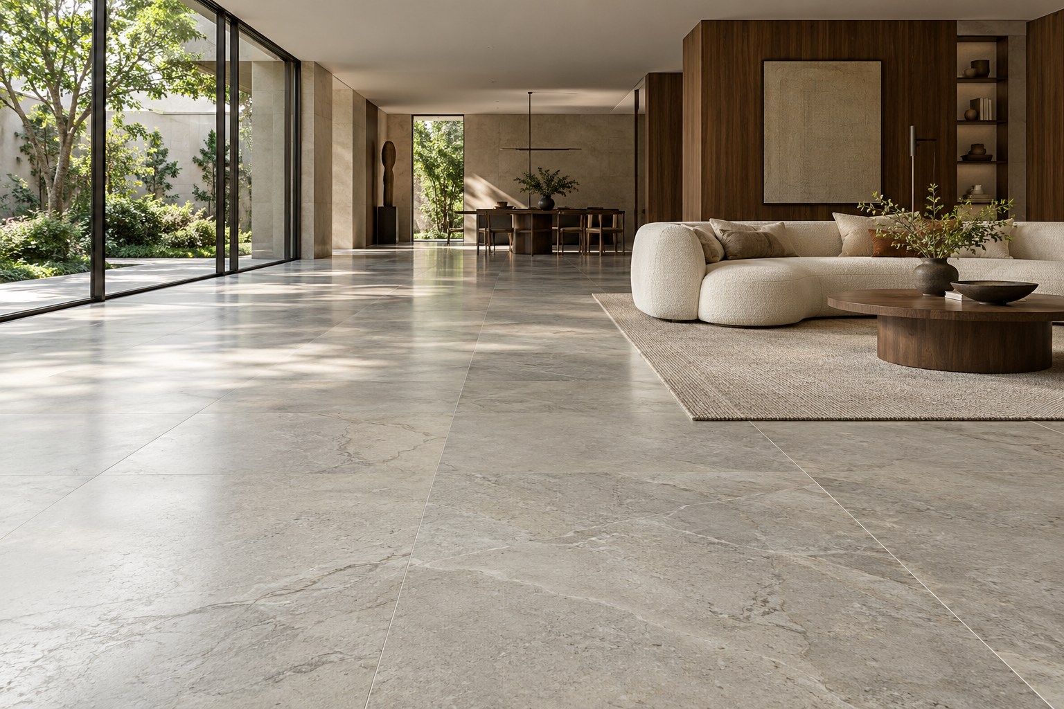 Architectural interior with expansive natural stone flooring, walnut joinery and soft daylight